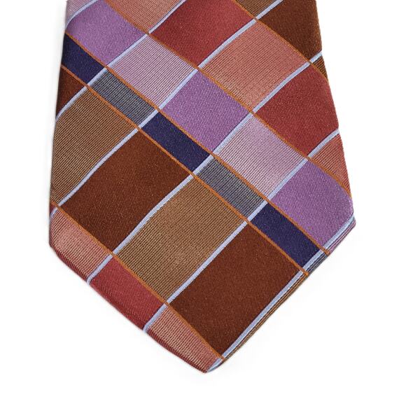 Ike Behar Mens Tie Rust Purple Blue Tan Check Woven Silk Necktie Dressy Career - Picture 2 of 7